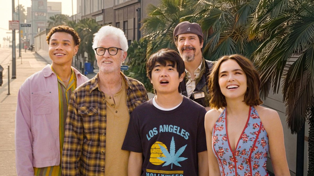 Zoey Deutch, John Slattery, Ken Marino, Miles Gutierrez-Riley and Ben Wang appear in "Gail Daughtry and the Celebrity Sex Pass" by David Wain, an official selection of the 2026 Sundance Film Festival. (Courtesy of Sundance Institute)